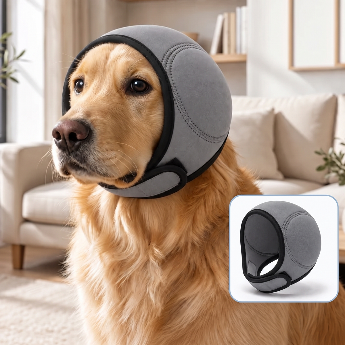 Cachorro usando orejeras calmantes QuietPaws