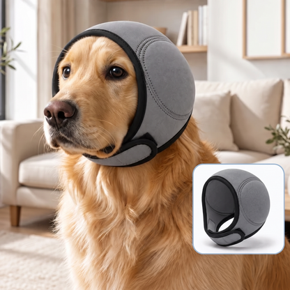 Cachorro usando orejeras calmantes QuietPaws